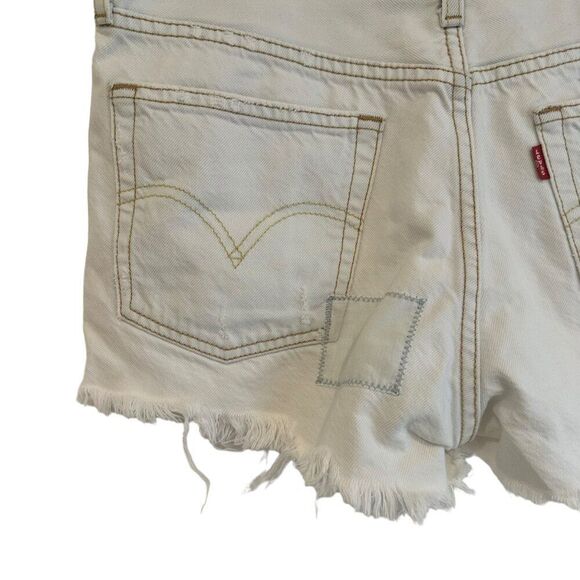 Levis 501 Bleached White Distressed Patched Jean Shorts - Picture 5 of 9